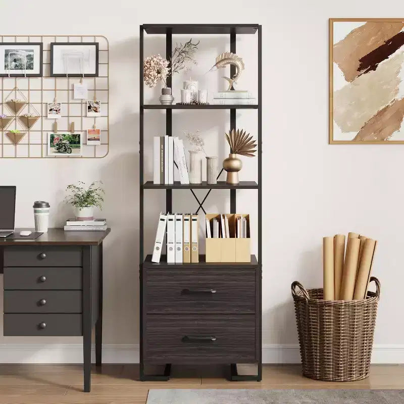 Libreria a 4 ripiani con cassetti portaoggetti, scaffale aperto alto 180 cm per soggiorno, camera da letto, ufficio