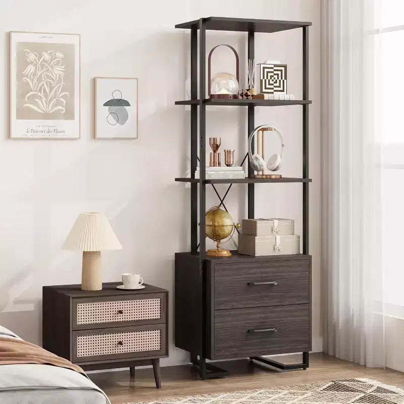 Libreria a 4 ripiani con cassetti portaoggetti, scaffale aperto alto 180 cm per soggiorno, camera da letto, ufficio