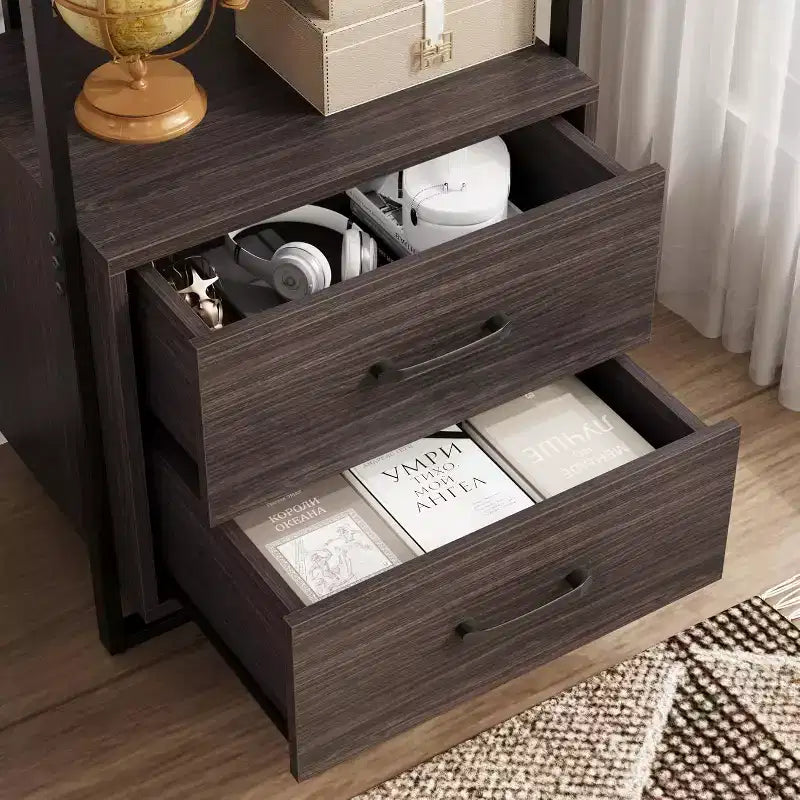 Libreria a 4 ripiani con cassetti portaoggetti, scaffale aperto alto 180 cm per soggiorno, camera da letto, ufficio