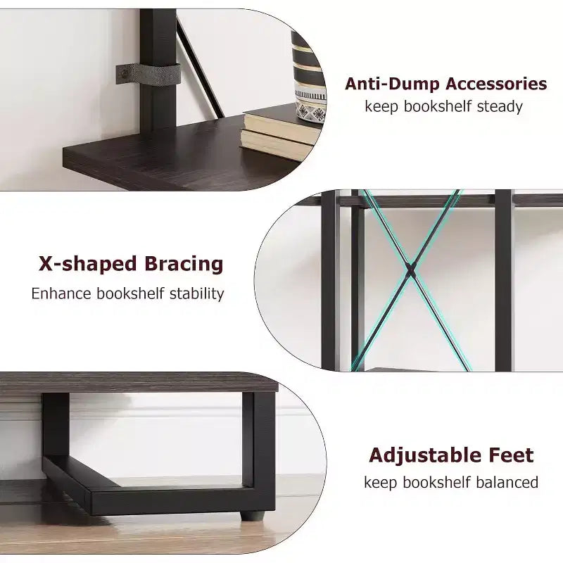 Libreria a 4 ripiani con cassetti portaoggetti, scaffale aperto alto 180 cm per soggiorno, camera da letto, ufficio