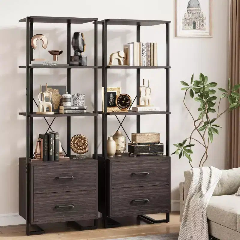 Libreria a 4 ripiani con cassetti portaoggetti, scaffale aperto alto 180 cm per soggiorno, camera da letto, ufficio