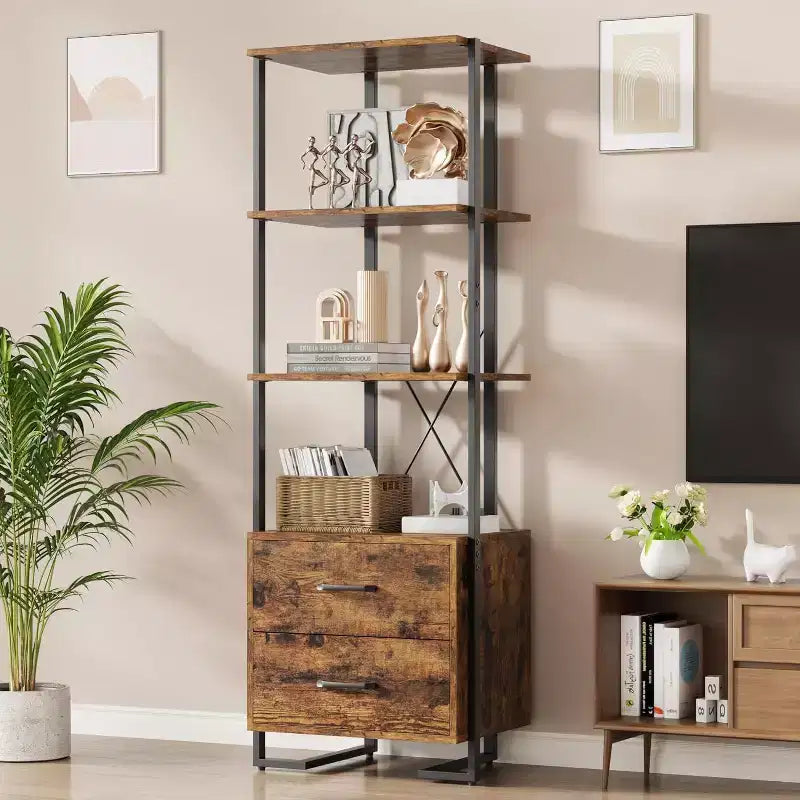Libreria a 4 ripiani con cassetti portaoggetti, scaffale aperto alto 180 cm per soggiorno, camera da letto, ufficio
