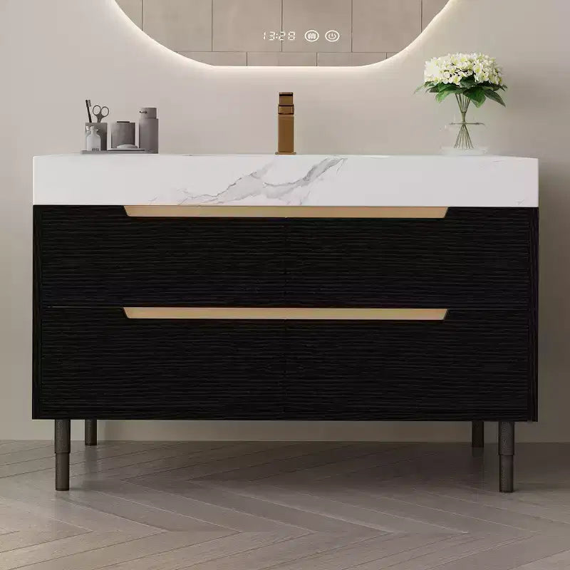 Mobile bagno moderno con lavabo sottopiano, piano in pietra sinterizzata, multistrato in legno massello impermeabile, mobiletto a 4 cassetti Nero+Bianco