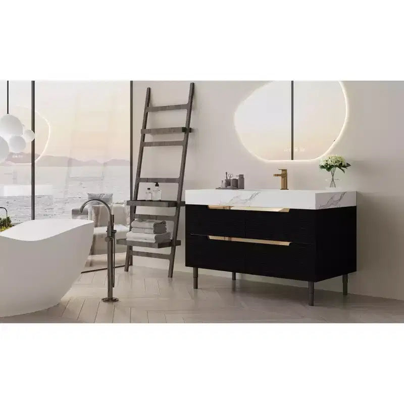 Mobile bagno moderno con lavabo sottopiano, piano in pietra sinterizzata, multistrato in legno massello impermeabile, mobiletto a 4 cassetti Nero+Bianco
