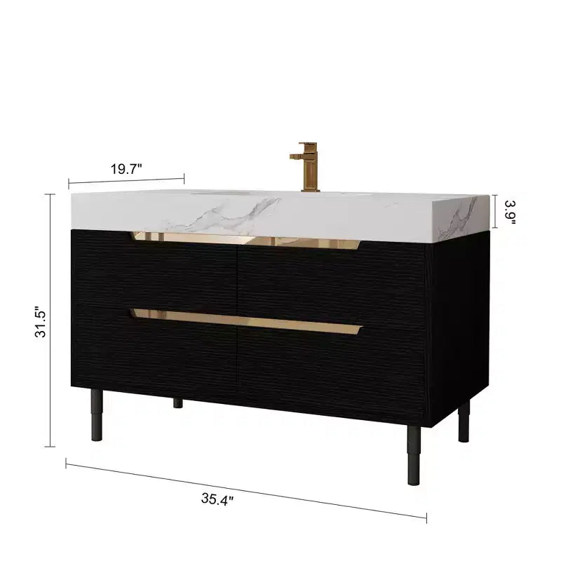 Mobile bagno moderno con lavabo sottopiano, piano in pietra sinterizzata, multistrato in legno massello impermeabile, mobiletto a 4 cassetti Nero+Bianco