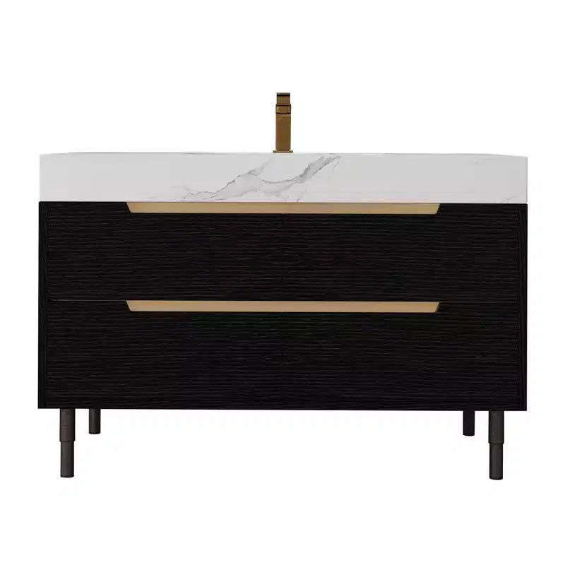 Mobile bagno moderno con lavabo sottopiano, piano in pietra sinterizzata, multistrato in legno massello impermeabile, mobiletto a 4 cassetti Nero+Bianco