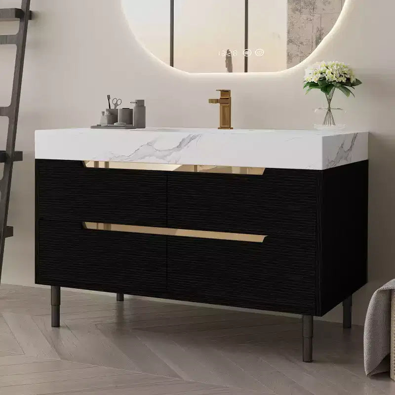 Mobile bagno moderno con lavabo sottopiano, piano in pietra sinterizzata, multistrato in legno massello impermeabile, mobiletto a 4 cassetti Nero+Bianco