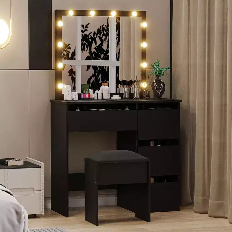 Acekool Sgabello da Toeletta con Morbido Cuscino Imbottito, Elegante Sgabello per Trucco, Robusto Sedile per Camera da Letto, Spogliatoio, Versatile Sedia d'Appoggio, Nero