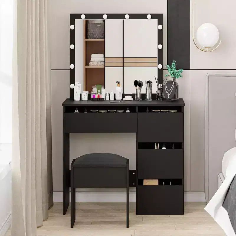 Acekool Sgabello da Toeletta con Morbido Cuscino Imbottito, Elegante Sgabello per Trucco, Robusto Sedile per Camera da Letto, Spogliatoio, Versatile Sedia d'Appoggio, Nero
