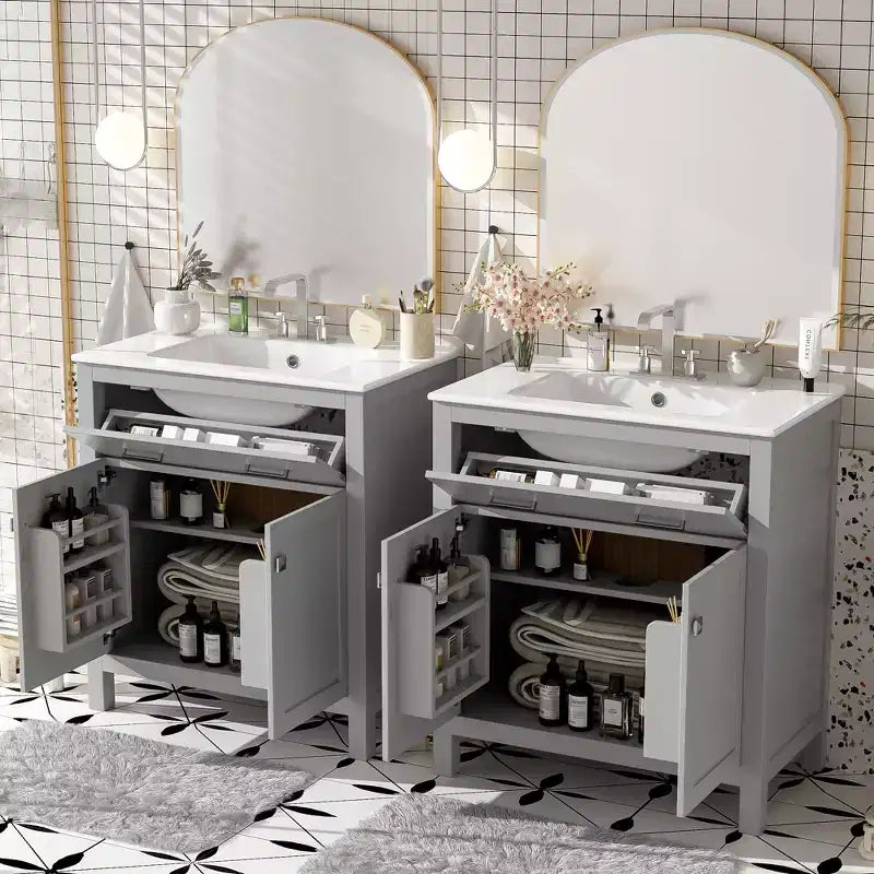 Mobile bagno 150 cm con doppio lavabo, mobile da bagno con ante e cassetti a chiusura ammortizzata