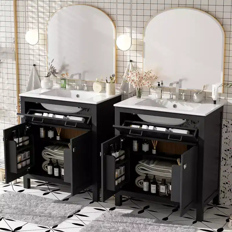 Mobile bagno 150 cm con doppio lavabo, mobile da bagno con ante e cassetti a chiusura ammortizzata