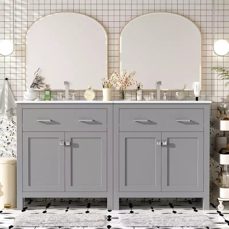 Mobile bagno 150 cm con doppio lavabo, mobile da bagno con ante e cassetti a chiusura ammortizzata