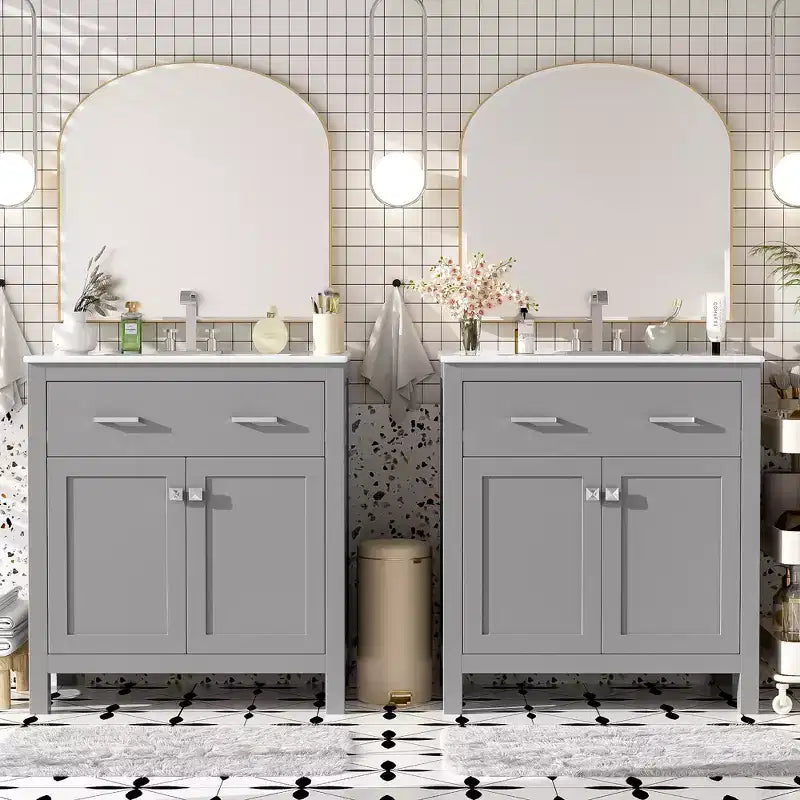 Mobile bagno 150 cm con doppio lavabo, mobile da bagno con ante e cassetti a chiusura ammortizzata
