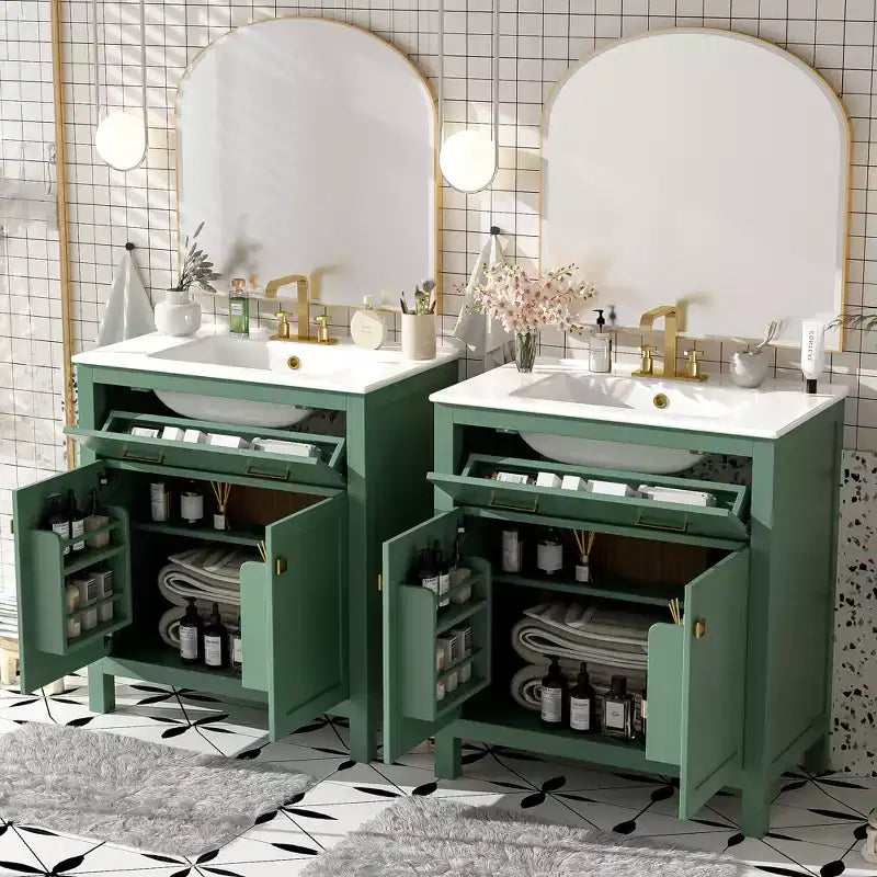 Mobile bagno 150 cm con doppio lavabo, mobile da bagno con ante e cassetti a chiusura ammortizzata