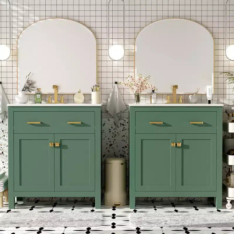 Mobile bagno 150 cm con doppio lavabo, mobile da bagno con ante e cassetti a chiusura ammortizzata