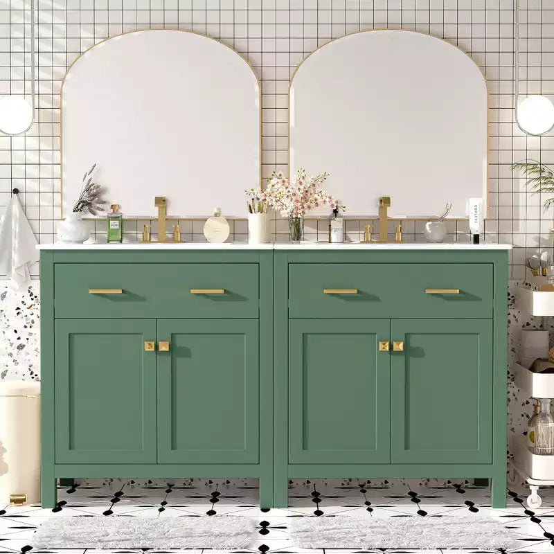 Mobile bagno 150 cm con doppio lavabo, mobile da bagno con ante e cassetti a chiusura ammortizzata