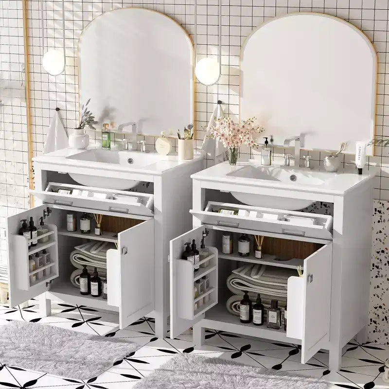 Mobile bagno 150 cm con doppio lavabo, mobile da bagno con ante e cassetti a chiusura ammortizzata