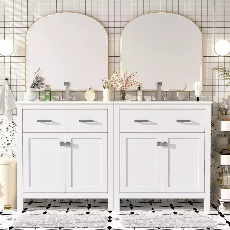 Mobile bagno 150 cm con doppio lavabo, mobile da bagno con ante e cassetti a chiusura ammortizzata