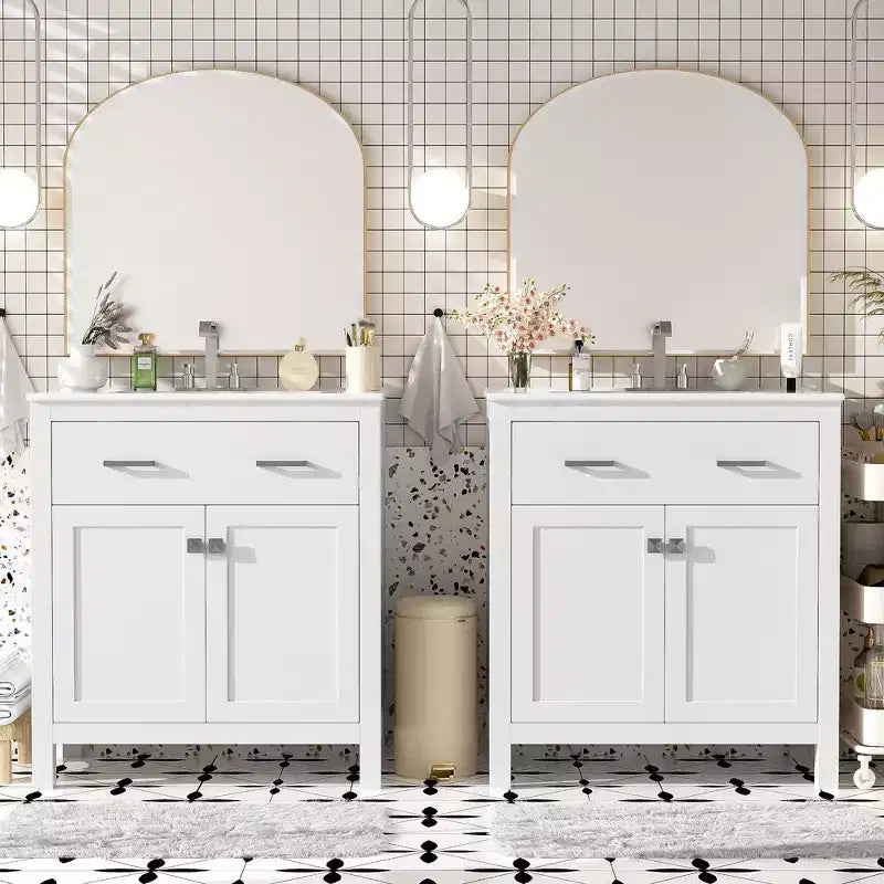 Mobile bagno 150 cm con doppio lavabo, mobile da bagno con ante e cassetti a chiusura ammortizzata