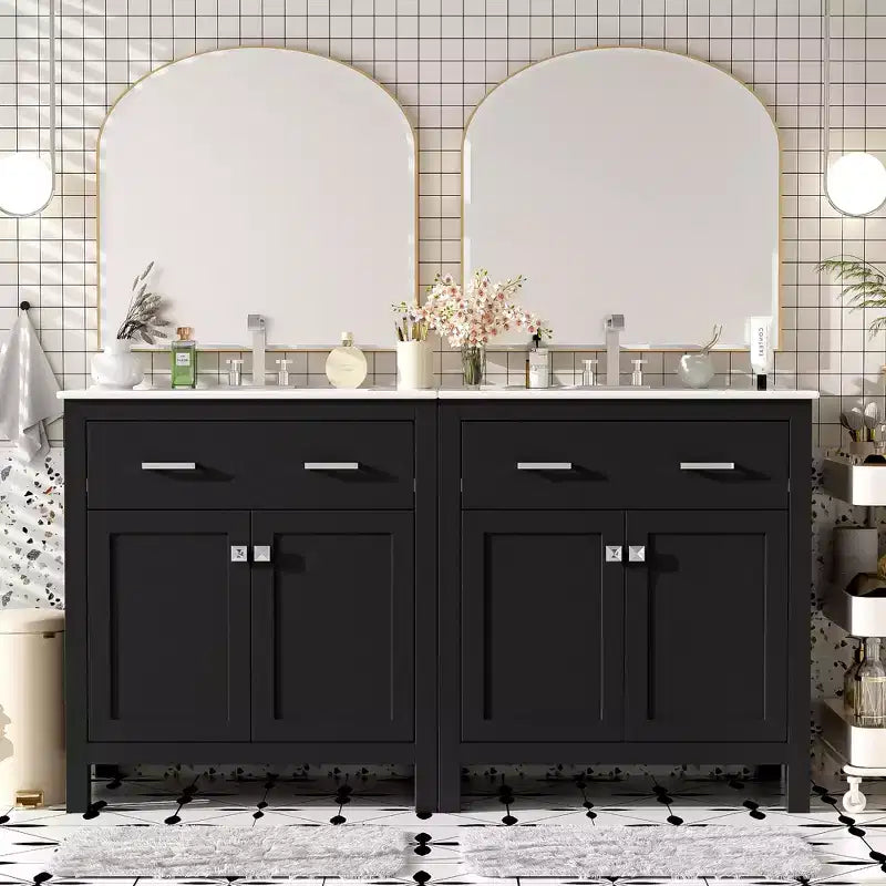 Mobile bagno 150 cm con doppio lavabo, mobile da bagno con ante e cassetti a chiusura ammortizzata