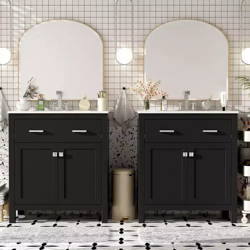 Mobile bagno 150 cm con doppio lavabo, mobile da bagno con ante e cassetti a chiusura ammortizzata