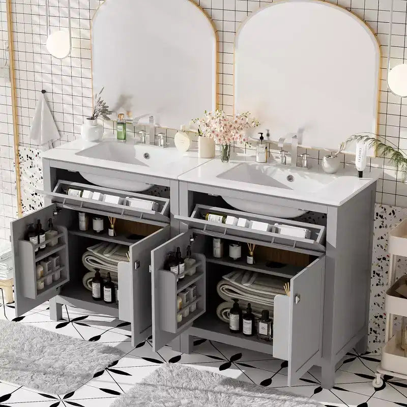 Mobile bagno 150 cm con doppio lavabo, mobile da bagno con ante e cassetti a chiusura ammortizzata