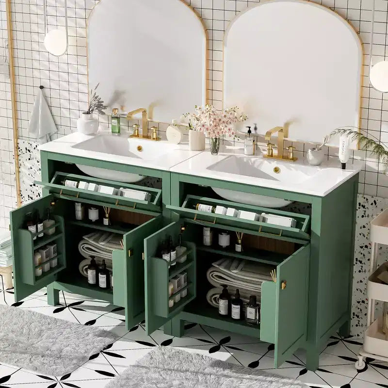 Mobile bagno 150 cm con doppio lavabo, mobile da bagno con ante e cassetti a chiusura ammortizzata