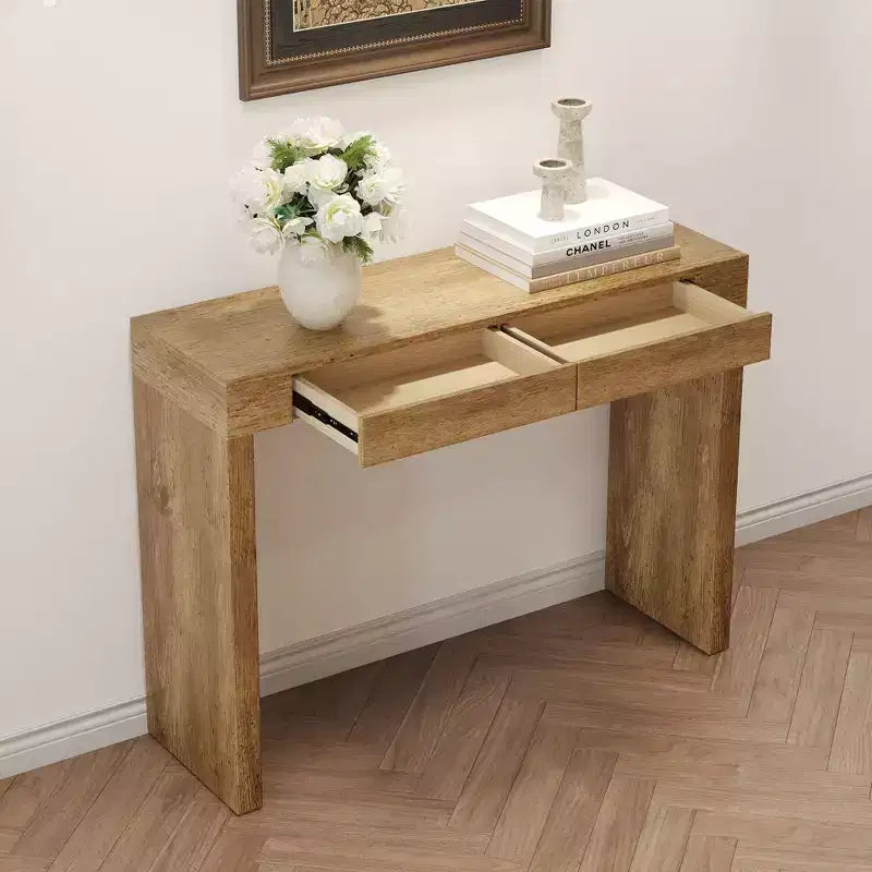 Okak Elegante Tavolo Consolle in Legno con Venature e 2 Cassetti, Tavolino da Divano in Stile Rustico/Tavolino Bar per Soggiorno, Ingresso