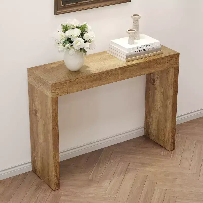 Okak Elegante Tavolo Consolle in Legno con Venature e 2 Cassetti, Tavolino da Divano in Stile Rustico/Tavolino Bar per Soggiorno, Ingresso