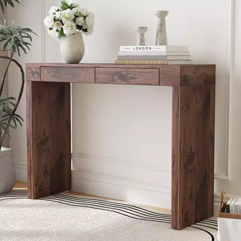 Okak Elegante Tavolo Consolle in Legno con Venature e 2 Cassetti, Tavolino da Divano in Stile Rustico/Tavolino Bar per Soggiorno, Ingresso