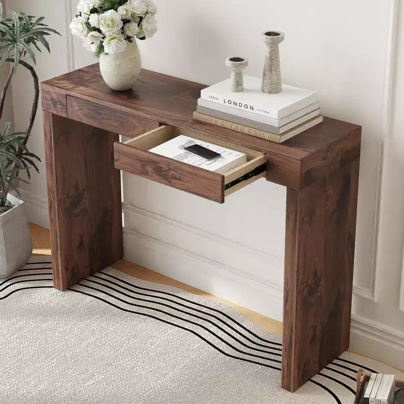 Okak Elegante Tavolo Consolle in Legno con Venature e 2 Cassetti, Tavolino da Divano in Stile Rustico/Tavolino Bar per Soggiorno, Ingresso
