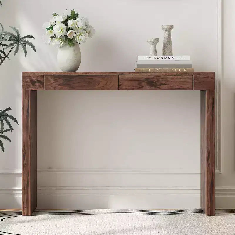 Okak Elegante Tavolo Consolle in Legno con Venature e 2 Cassetti, Tavolino da Divano in Stile Rustico/Tavolino Bar per Soggiorno, Ingresso