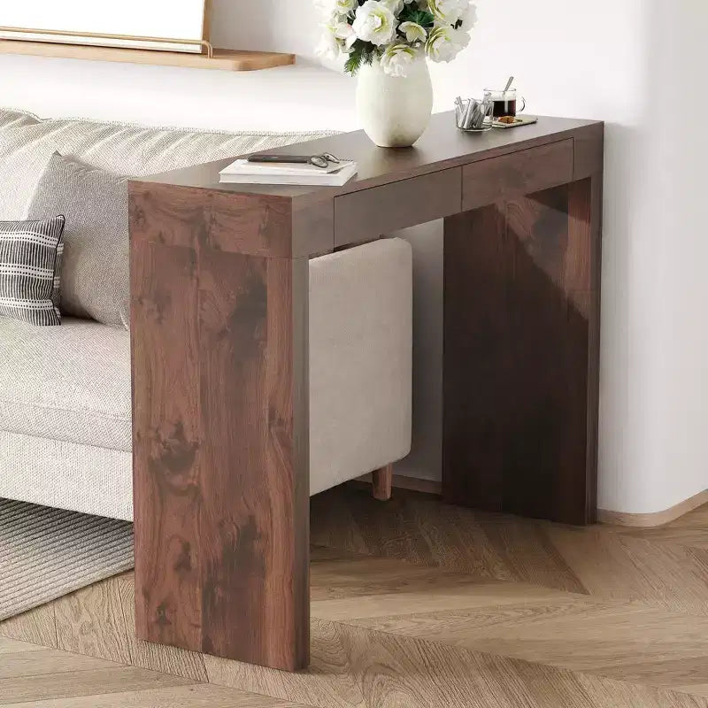 Okak Elegante Tavolo Consolle in Legno con Venature e 2 Cassetti, Tavolino da Divano in Stile Rustico/Tavolino Bar per Soggiorno, Ingresso