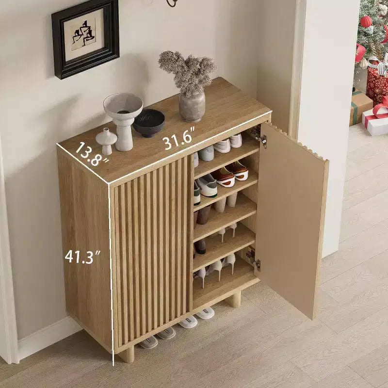 Scarpiera da 80 cm con Anta Scanalata, Mobile Contenitore a 5 Livelli con 4 Ripiani Regolabili, Panchina Rustica da Ingresso per Corridoio e Foyer