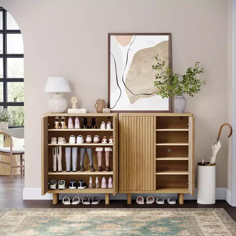 Scarpiera da 80 cm con Anta Scanalata, Mobile Contenitore a 5 Livelli con 4 Ripiani Regolabili, Panchina Rustica da Ingresso per Corridoio e Foyer