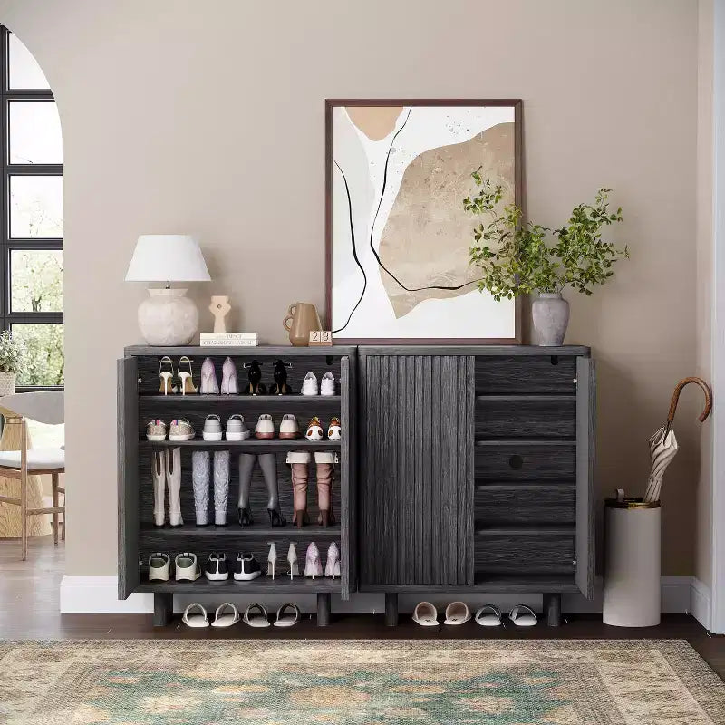 Scarpiera da 80 cm con Anta Scanalata, Mobile Contenitore a 5 Livelli con 4 Ripiani Regolabili, Panchina Rustica da Ingresso per Corridoio e Foyer