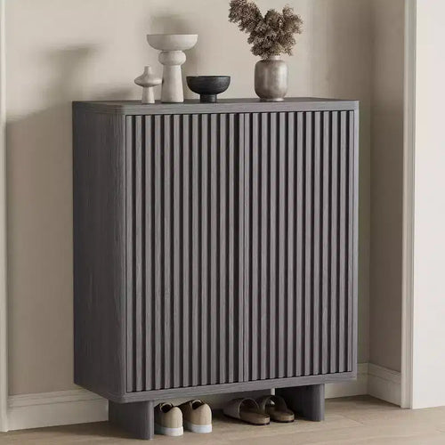 31.6 Inch Shoe Cabinet with Fluted Door, 5-Tier Storage with 4 Adjustable Shelves, Rustic Entryway Shoe Bench for Hallway & Foyer
