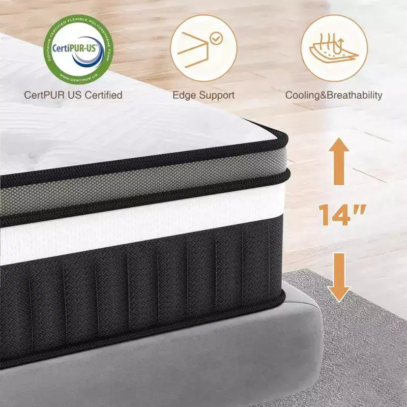Materasso King, Materasso in memory foam con gel da 14 pollici a media rigidità, certificato CertiPUR-US