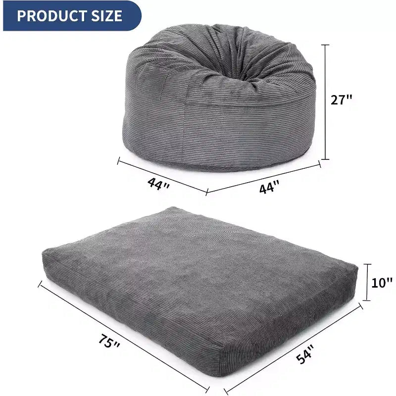 Sedia convertibile a sacco per adulti con rivestimento in velluto a coste lavabile, letto a sacco oversize
