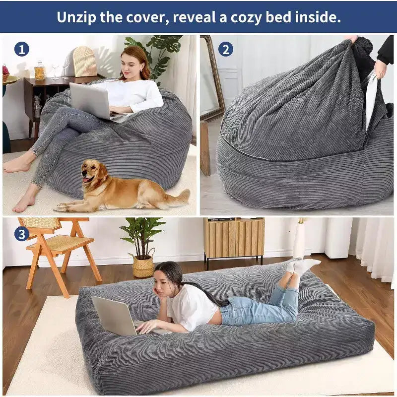 Sedia convertibile a sacco per adulti con rivestimento in velluto a coste lavabile, letto a sacco oversize