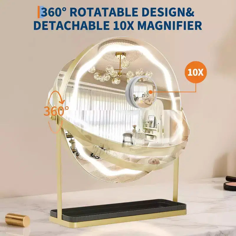 Specchio per Trucco Ingrandente COZONY con Impostazioni di Luce Regolabili, Design Girevole a 360°, Base e Vassoio in Metallo, Funzionamento Touch