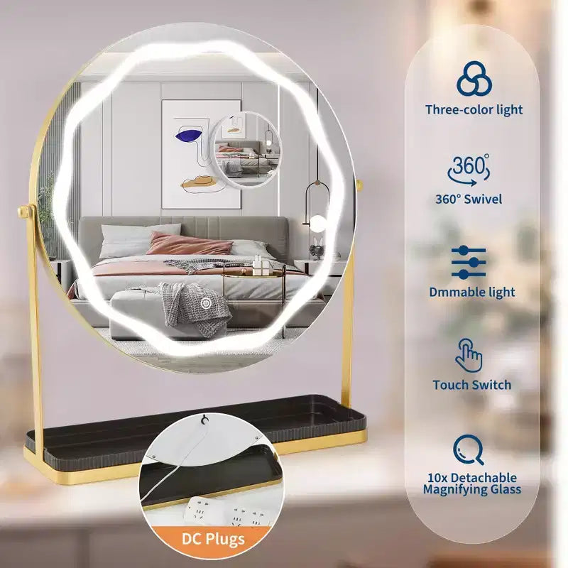 Specchio per Trucco Ingrandente COZONY con Impostazioni di Luce Regolabili, Design Girevole a 360°, Base e Vassoio in Metallo, Funzionamento Touch