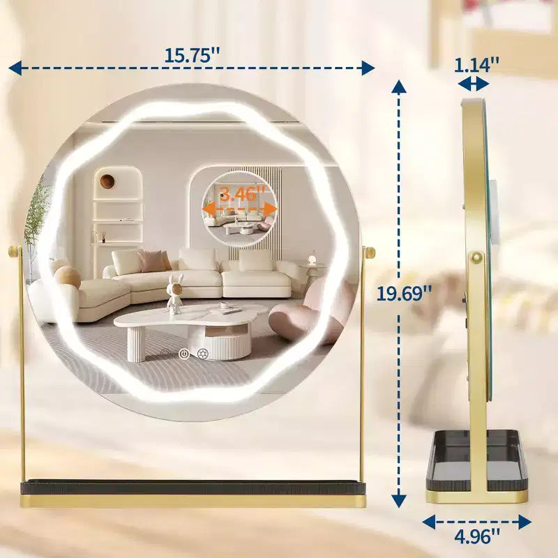 Specchio per Trucco Ingrandente COZONY con Impostazioni di Luce Regolabili, Design Girevole a 360°, Base e Vassoio in Metallo, Funzionamento Touch