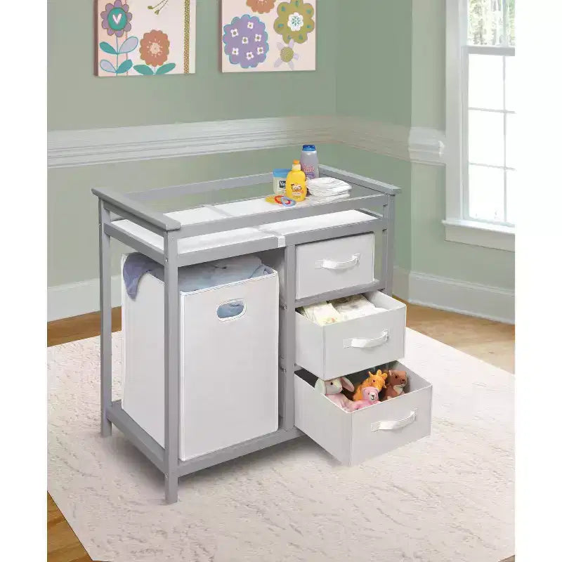 HomeStock Modern Nursery Changing Table with Three Storage Baskets & Large Hamper, Durable Wood Frame, Multi-Use Design