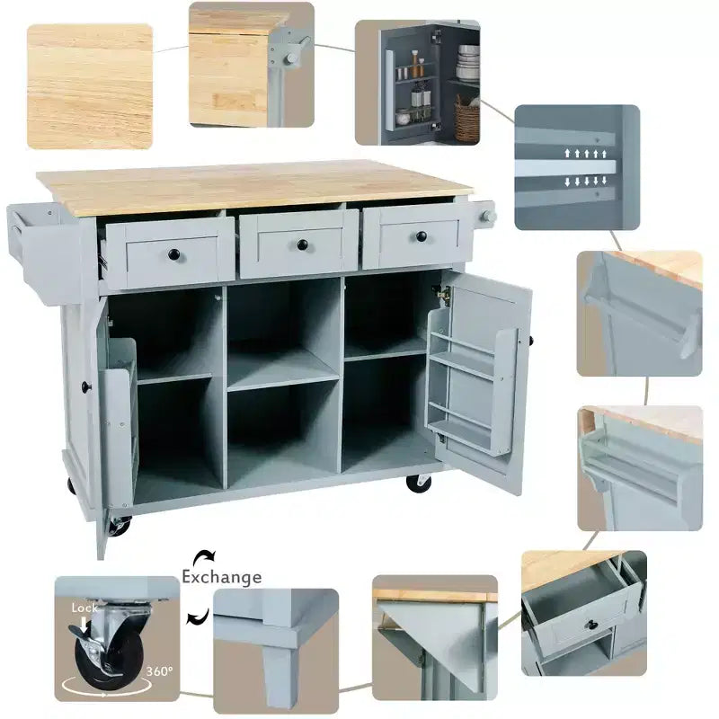 TUYOHW Isola da Cucina con Ruote da 134,8 cm con Anta a Ribalta, Mobile Contenitore e 3 Cassetti