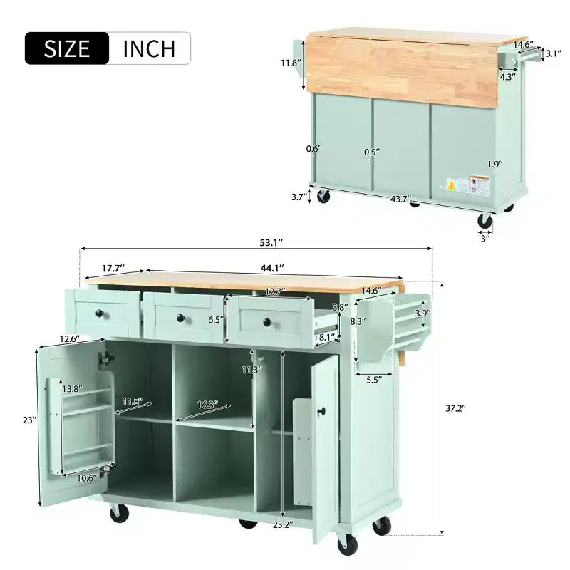 TUYOHW Isola da Cucina con Ruote da 134,8 cm con Anta a Ribalta, Mobile Contenitore e 3 Cassetti