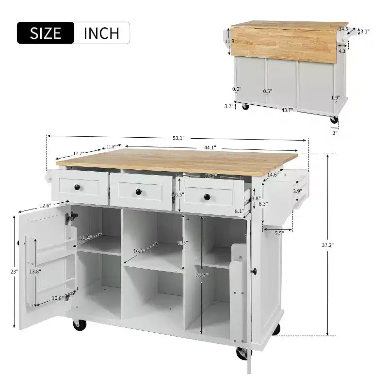 TUYOHW Isola da Cucina con Ruote da 134,8 cm con Anta a Ribalta, Mobile Contenitore e 3 Cassetti