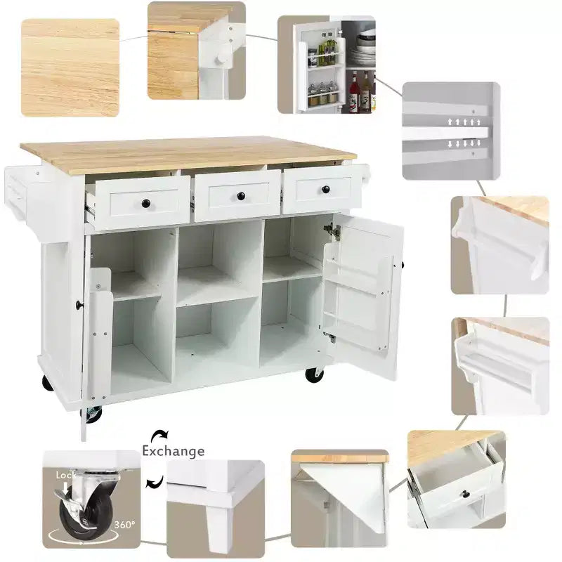 TUYOHW Isola da Cucina con Ruote da 134,8 cm con Anta a Ribalta, Mobile Contenitore e 3 Cassetti