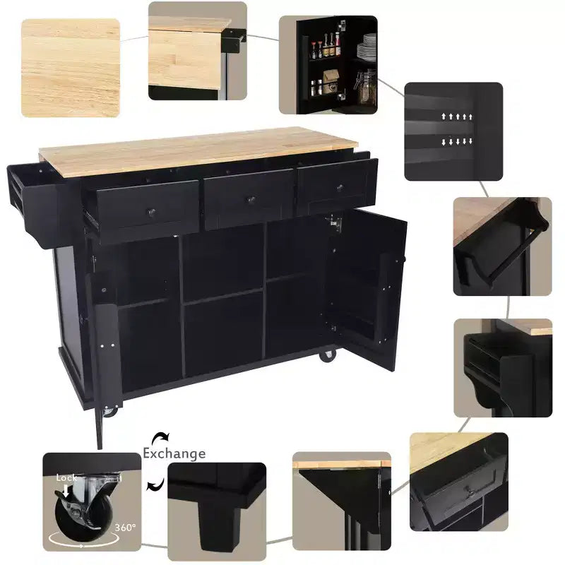 TUYOHW Isola da Cucina con Ruote da 134,8 cm con Anta a Ribalta, Mobile Contenitore e 3 Cassetti