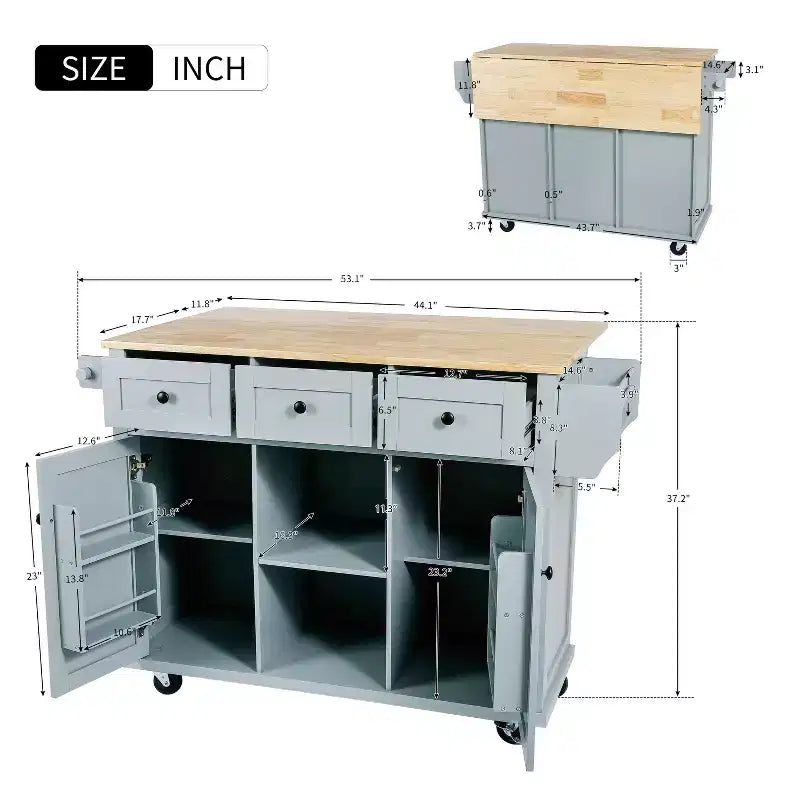 TUYOHW Isola da Cucina con Ruote da 134,8 cm con Anta a Ribalta, Mobile Contenitore e 3 Cassetti